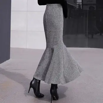 

Women Woolen Skirts Fashion Winter New Retro Houndstooth Mermaid Skirt Trumpet High Waist Ruffles skirt