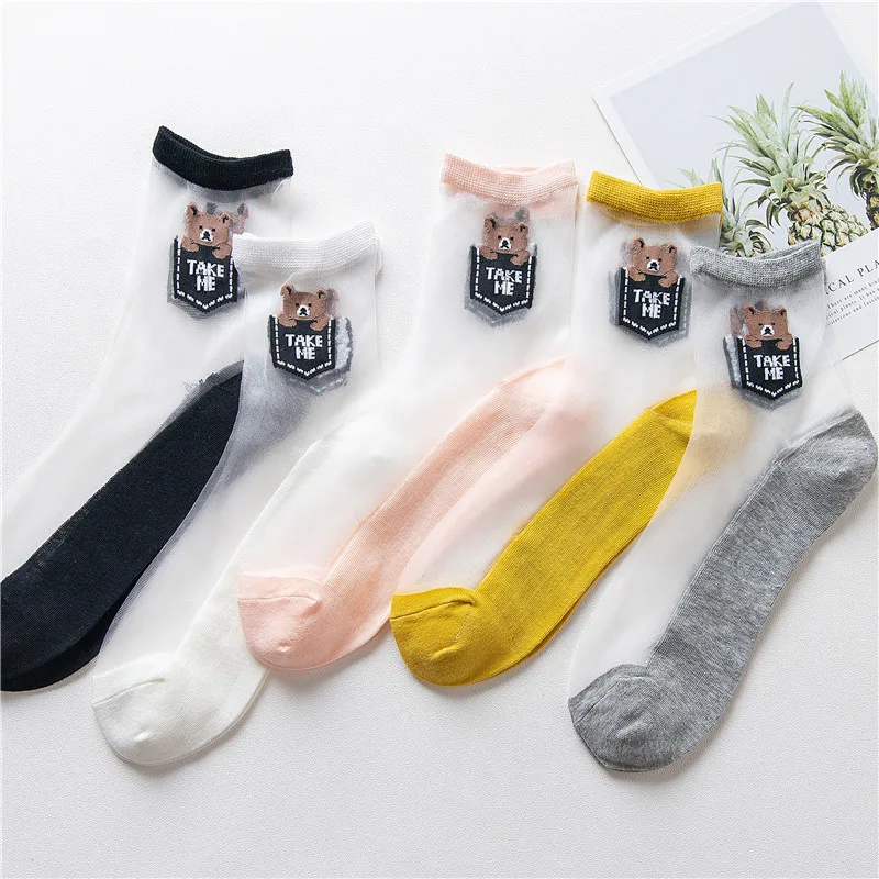 SP& CITY 5 пар/компл. Мультфильм рисунком Для женщин носки Лидер продаж Цветной тонкие хлопковые прозрачные носки, украшенные в стиле пэчворк, дешевые женские Колледж Sox