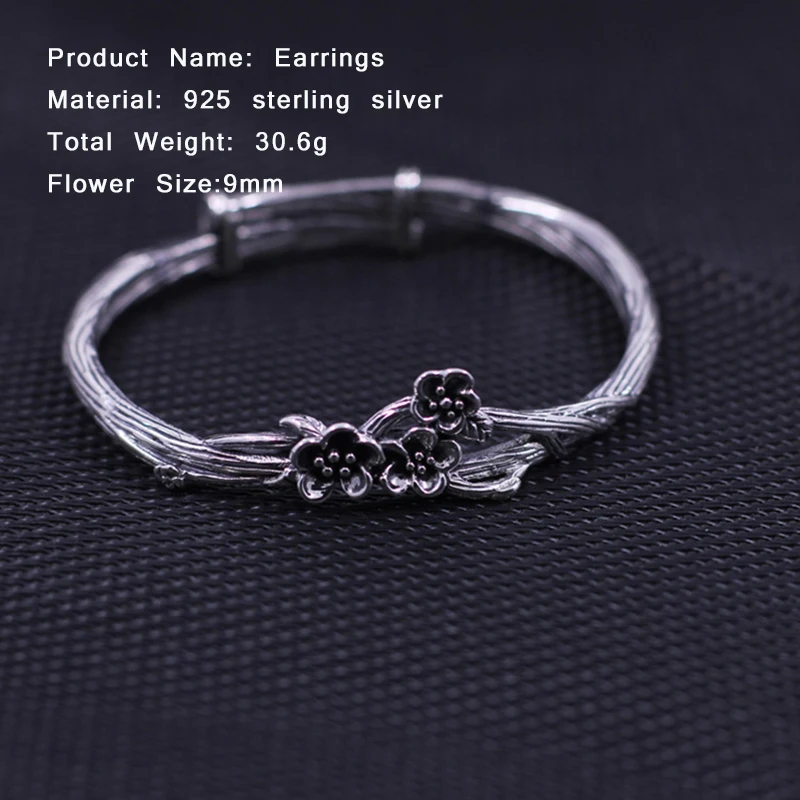 Женский винтажный браслет из серебра 100% пробы с цветком сливы|bangles for women|bangle 925bangle