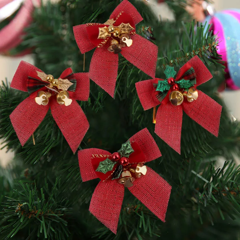 12 шт./лот, изящный бант, рождественские подарочные банты с маленькими колокольчиками, сделай сам, банты, украшение для рождественской елки, Рождественский галстук-бабочка, 8*8 см