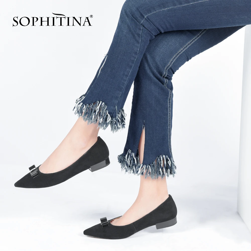 

SOPHITINA New Women Flats Genuine Leather Autumn Elegant Women Flats Luxury Pointed Toe Low Heel Handmade Knot Career Shoes P107