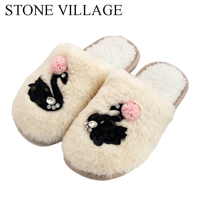 

STONE VILLAGE Animal Prints Cotton Women Slippers Warm Flock Plush Fur Slippers Indoor Floor Shoes Woman Home Slippers Black