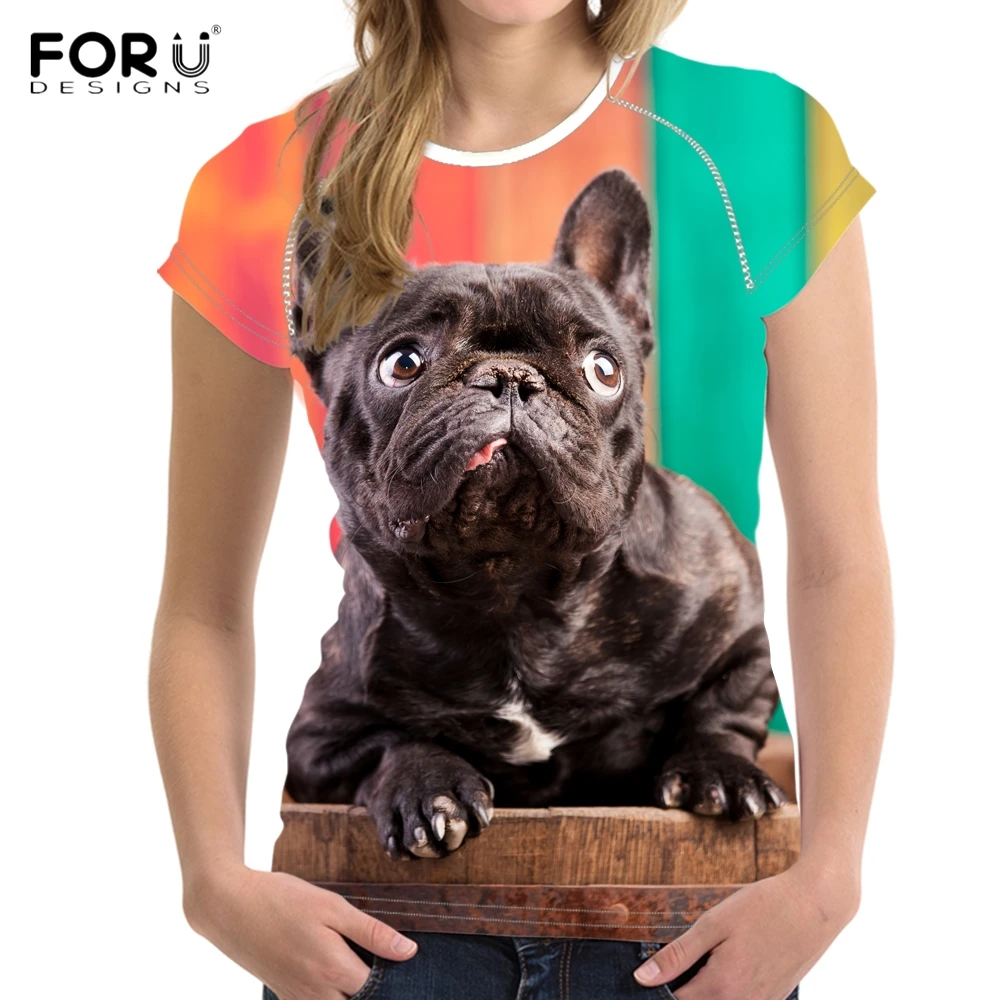 FORUDESIGNS Funny 3D Dog French Bulldog Print Women T Shirts Fashion ...