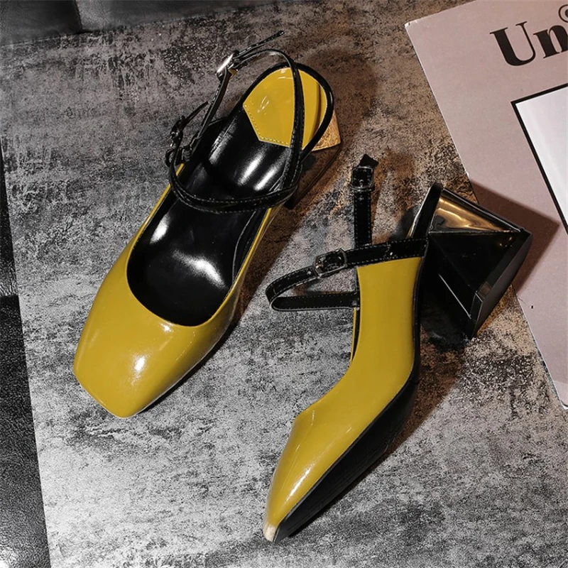 MSSTOR Mixed Colors Yellow High Heels Sandals Women Plus Size Square Toe Genuine Leather Fashion Pumps Buckle Strap Summer Shoes MSSTOR Mixed Colors Yellow High Heels Sandals Women Plus Size Square Toe Genuine Leather Fashion Pumps Buckle Strap Summer Shoes