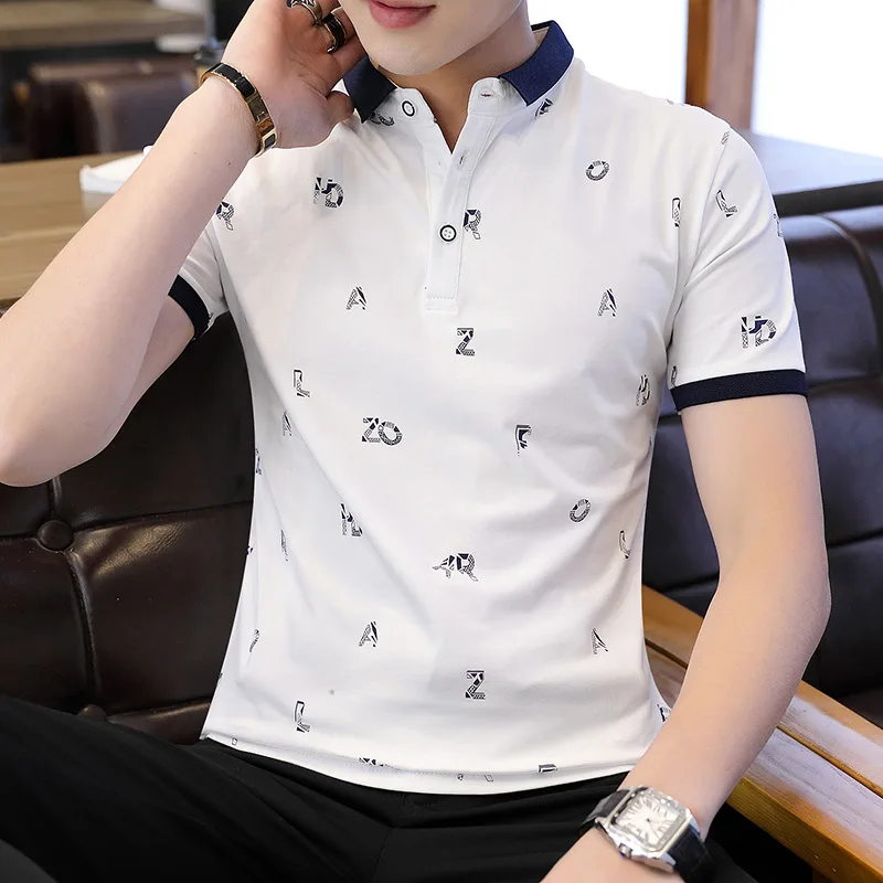 

Print Turn-down collar cotton men's polo shirts 2019 Korean youth spring summer business golf tennis short sleeve camisa hombre