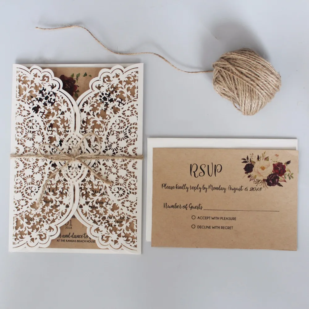Rustic Wedding Invitation Set with RSVP - Laser Cut Off White Wedding Invitations (Set of 50) image 2