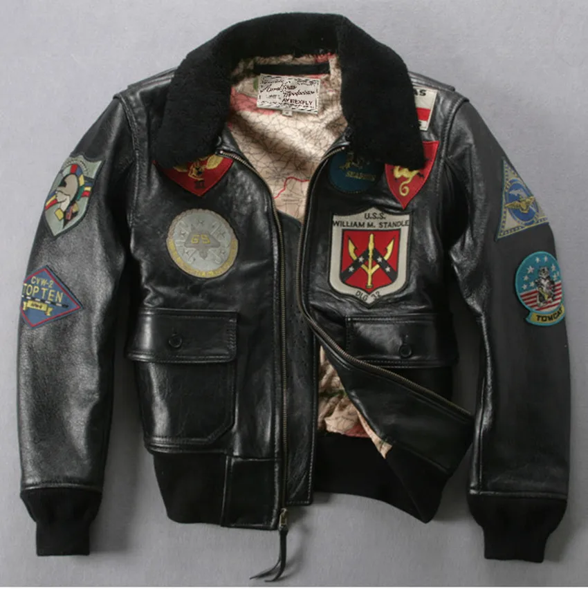 Mens Real Leather Blue Bomber Badge Air Force Pilot Flying Jacket