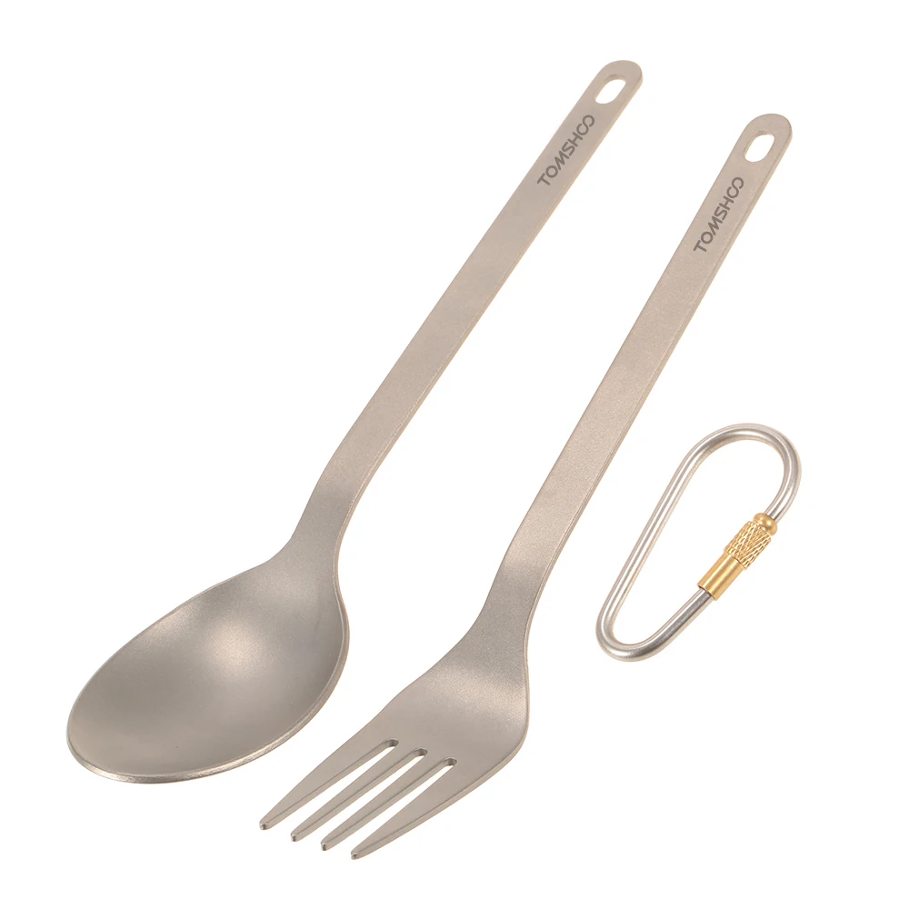 

TOMSHOO Titanium Tableware Dinner Frok Spoon Cutlery Set Flatware with Carabiner Storage Sack for Home Outdoor Camping Picnic