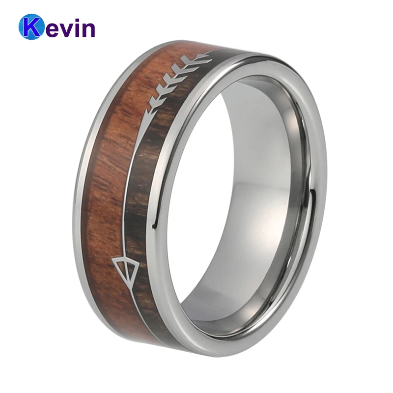 Mens Wedding Band Wood Ring Silver Tungsten Ring With