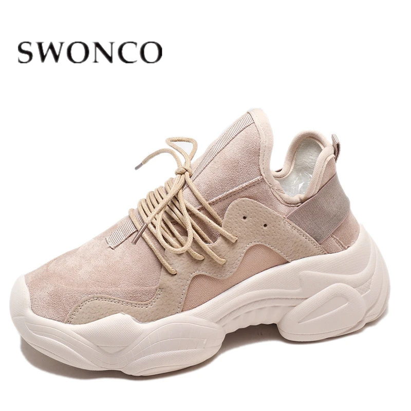 Женские кроссовки на платформе SWONCO черные повседневные массивном каблуке