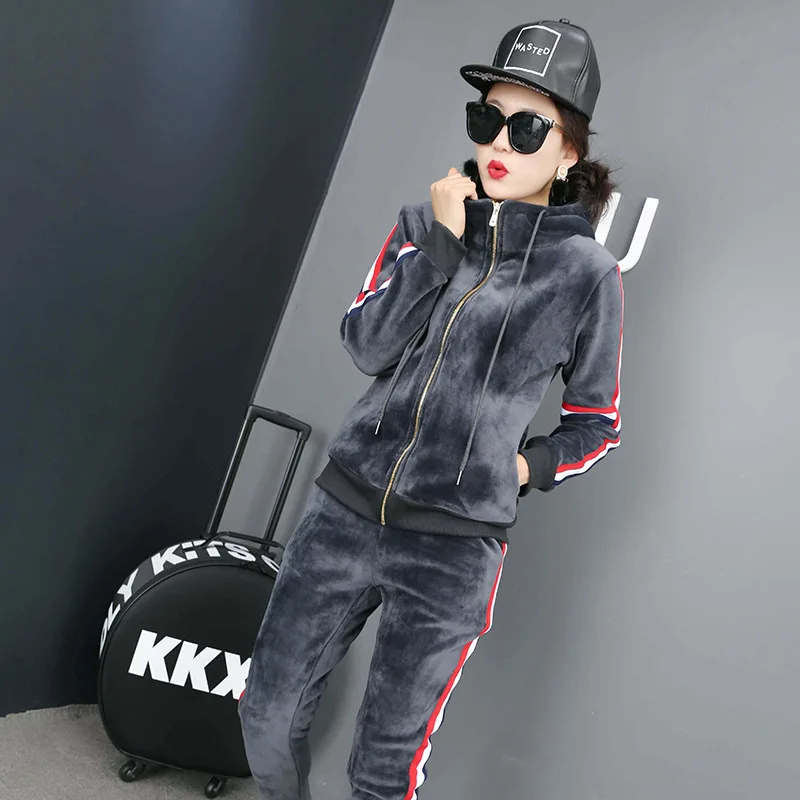 

Sport Suits Women Sweatsuits Hooded Zipper Velvet Running Sets Spring Warm Suit Leisure