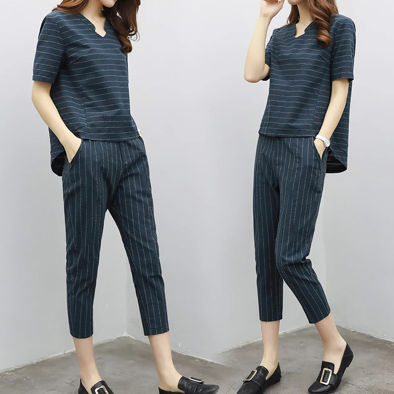 Plus Size 4xl Striped Cotton Two Piece Set Top And Pants Linen ...