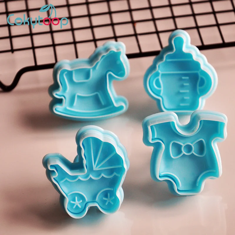 

Cokytoop Baby Shower Cookie Cutters 4pcs Cute Plastic Baby Bottle Clothes Car Torjan Biscuit Stamps Birthday Party Baking Tool