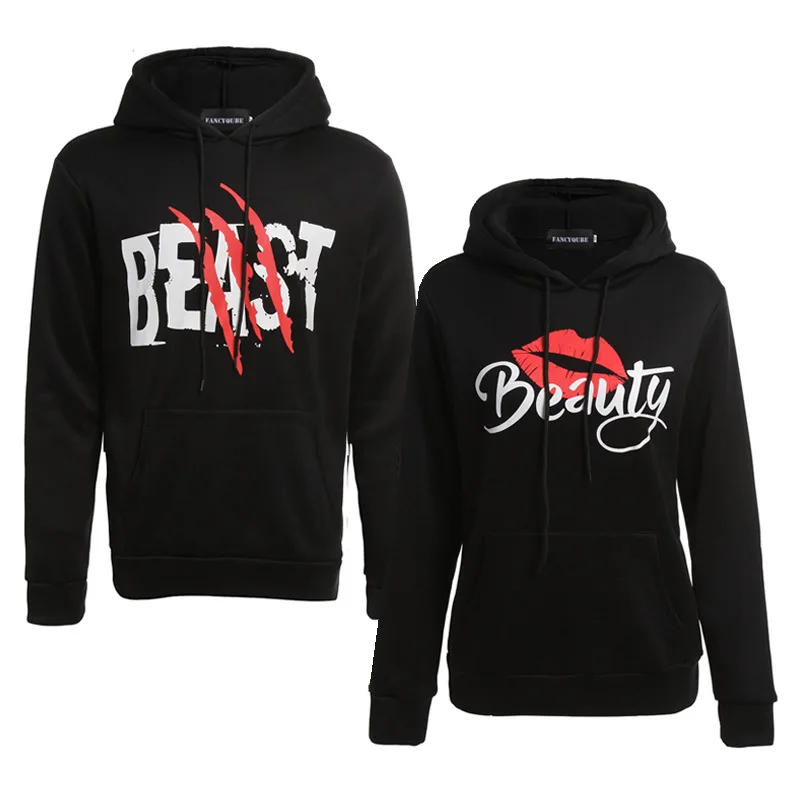 

Beast Beauty Printing Hooded Pullovers Female Black Hoodie Men Women Couple Sweatshirts Casual Wear Fluffy Hoodie