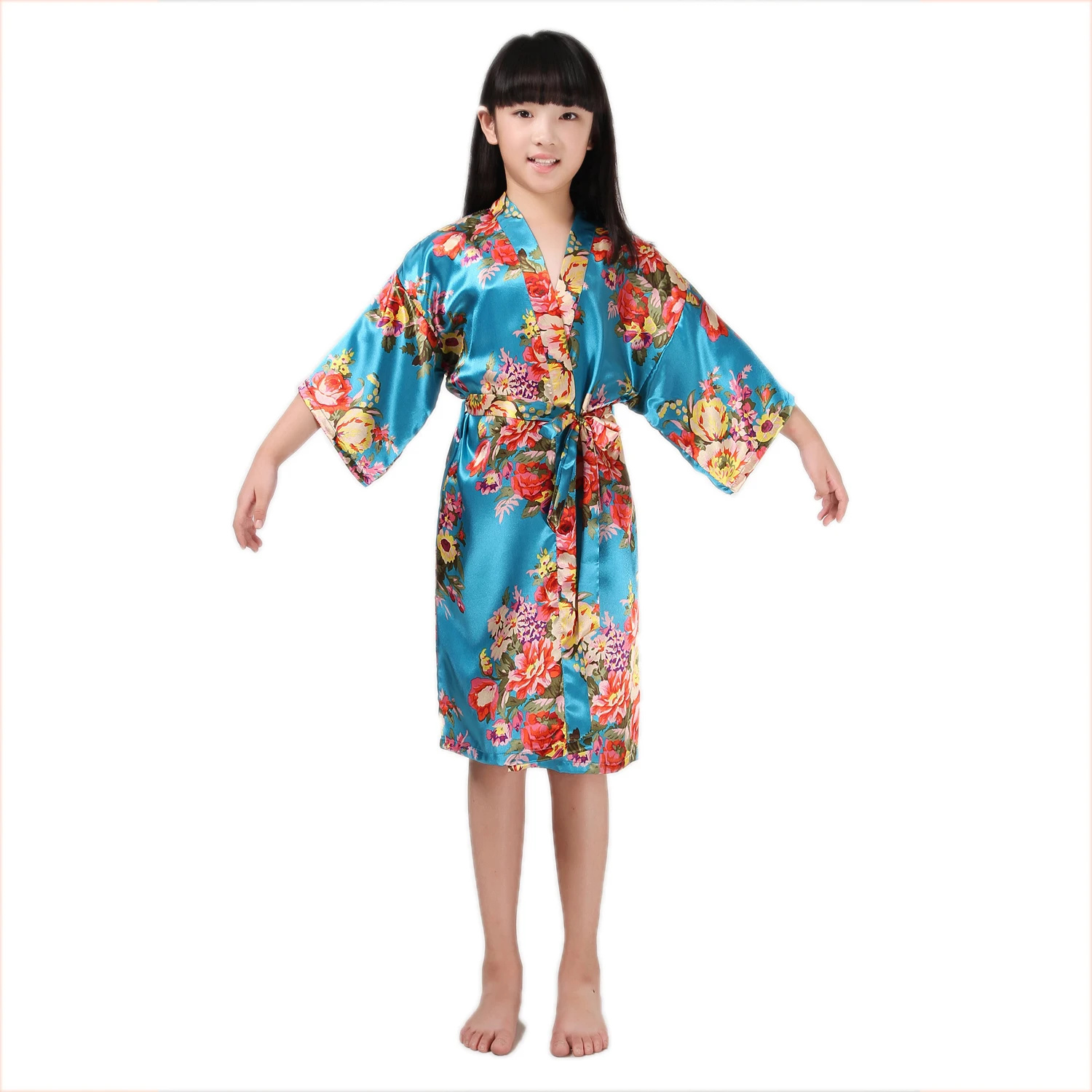 Детская Пижама с v-образным вырезом и короткими рукавами для маленьких девочек Детская шелковая одежда для сна с цветочным принтом - Цвет: lake Blue