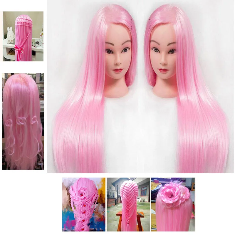 25inch Pink Hair Hairdressing Head Female Hairstyling Training Doll