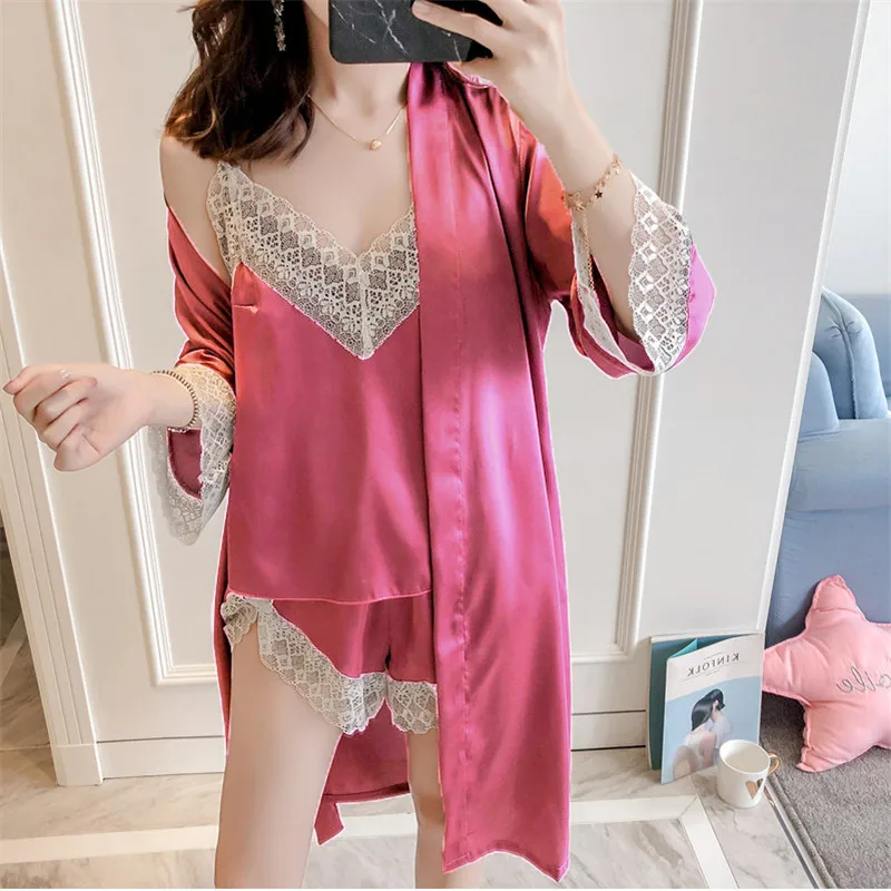 Blusas mujer de moda 2019 женская одежда для сна комплект из 3 предметов кружевная мягкая топ