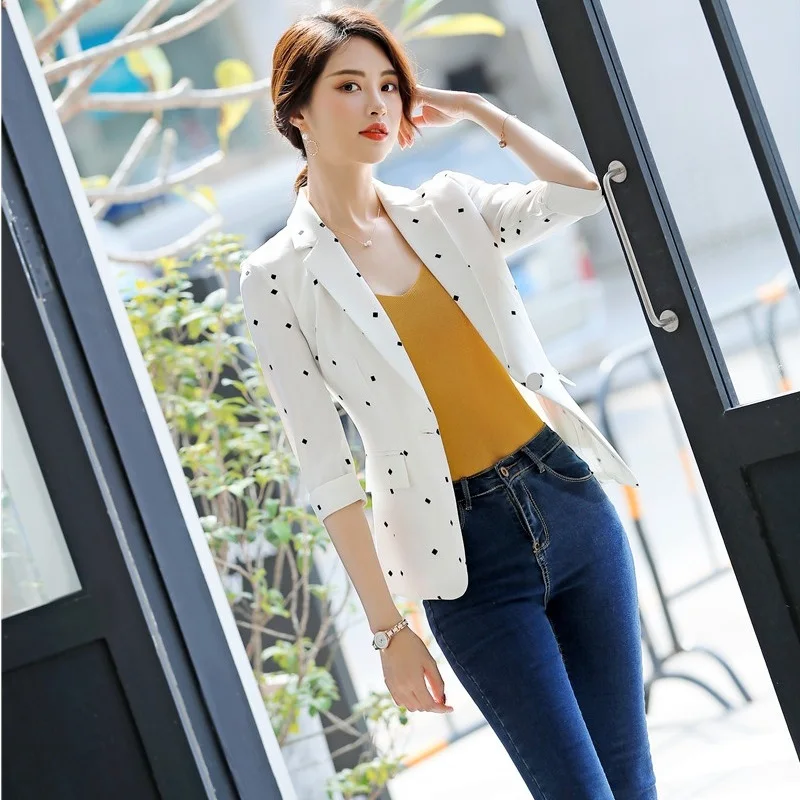 Spring Summer Fashion Casual Office Ladies White Dots Blazer Women