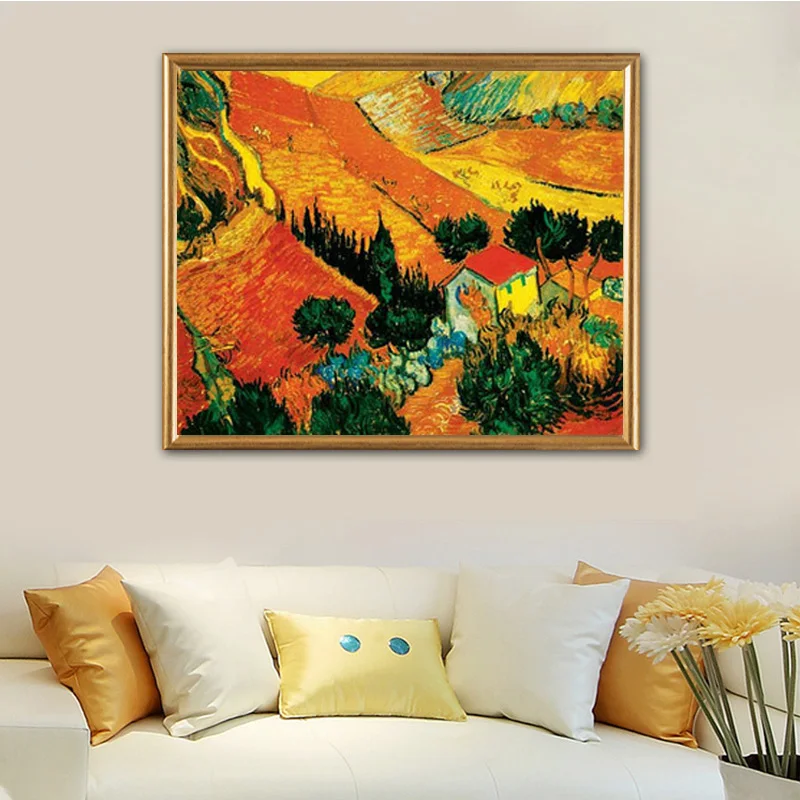 

Needlework,embroidery,DIY DMC 14CT Unprinted Cross stitch kits,Scenic Van Gogh golden yellow wheat field Cross-Stitching decor
