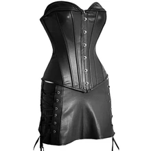 Steampunk corsé mujer Sexy corsé vestido gótico cuerpo Shaper Mini falda vestido de imitación de cuero negro Overbust de talla grande
