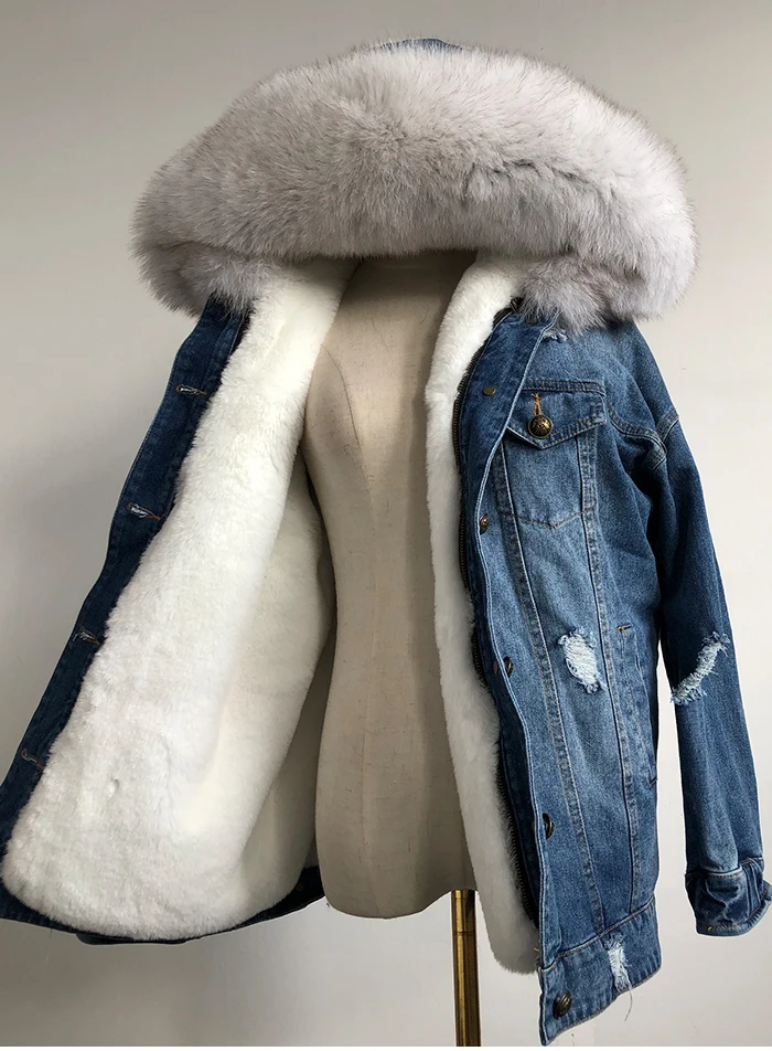 Women Denim Jacket With Fur hood Women Autumn Winter Denim Jacket Warm Upset Jacket Vintage Long Sleeve Loose Jeans Coat Outwear