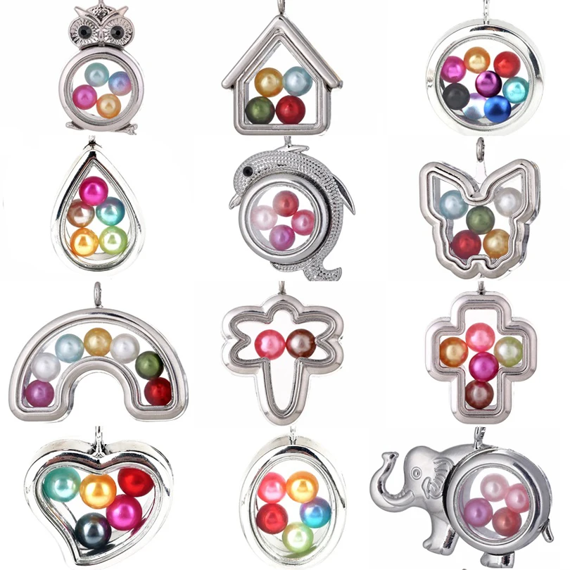 

4 Colors Living Memory Floating Locket Pendant Glass Floating Beads Cage Locket Pendant 8mm Pearl Cage