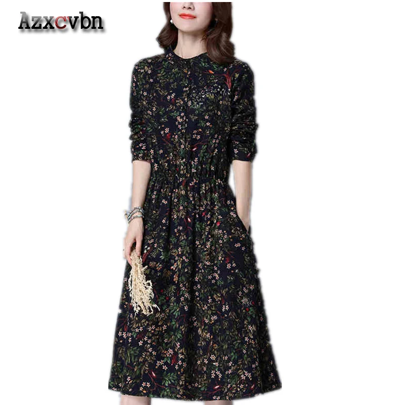 AZXCVBN 2017 женщин Новая Весна Горячая Dress Ретро Цветочные Хлопок Длинными Рукавами