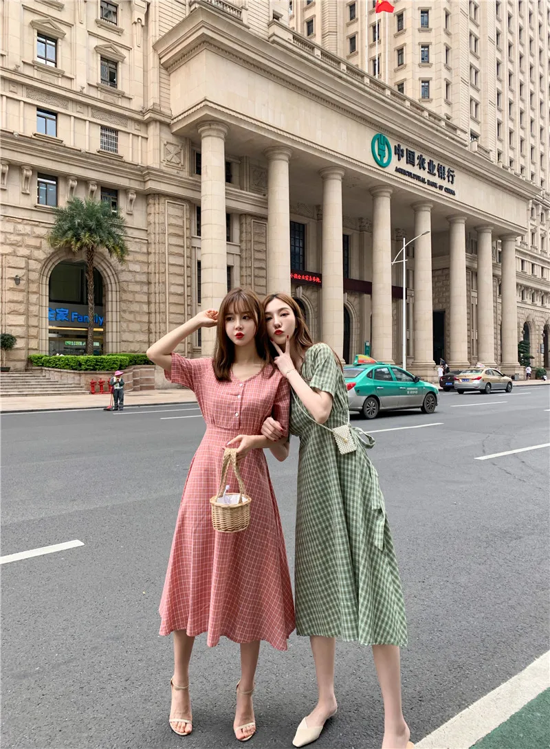 A Line Dresses Woman Summer Cute Japan Korean Style Prairie Sweet Preppy Design Button Shirt Dress Bow Ribbon Tie 7515