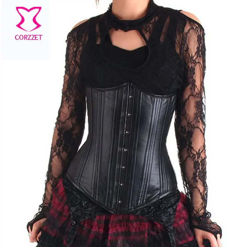 Gothic Black Leather 22 Steel Boned Long Waist Trainer Corset Underbust Corsetto Steampunk Corsets And Bustiers Sexy Corselet