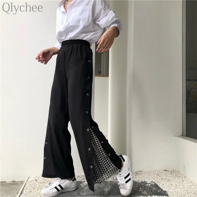 Qlychee сбоку плед лоскутное широкие брюки металлические эластичные облегающие Для