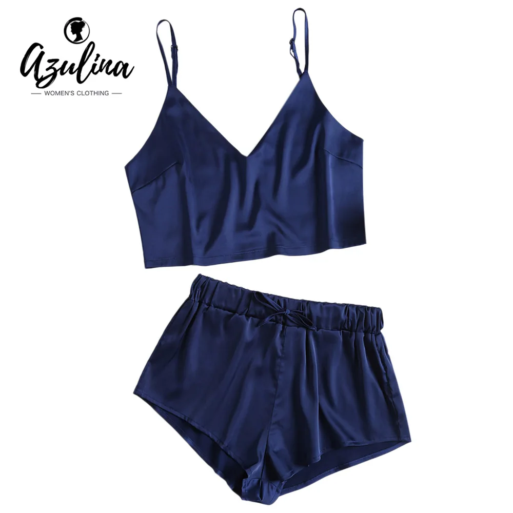 AZULINA Лето Satin Cami Top упругие талии шорты пижамный комплект 2018 Для женщин комплекты