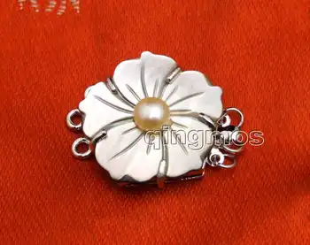 

Qingmos Fashion 25mm Flower Shell and Pink 6mm Pearl Three Strands Clasp gp190 Free shipping