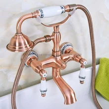 Cheap Antique Red Copper Bathroom Clawfoot Bath Tub Faucet Mixer Tap Ceramic Handle Hand Shower Head Nna330