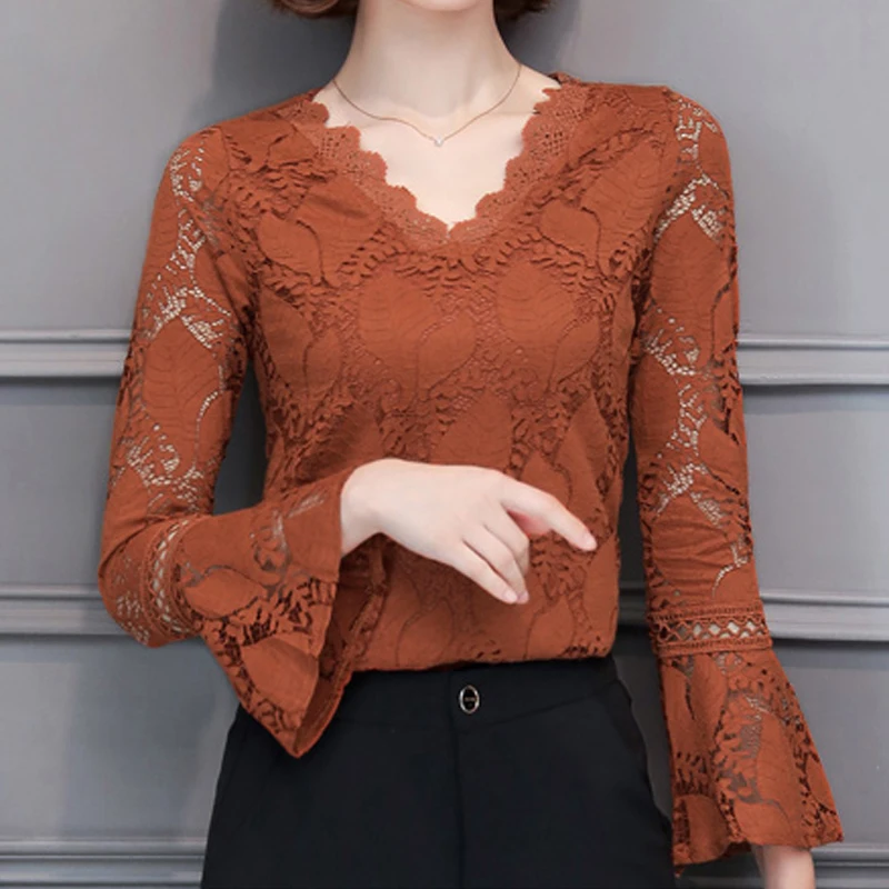 Vente 2018 Plus La taille Femmes vêtements automne sexy v cou dentelle Shirt Tops évider femme Élégante à manches longues En Dentelle Blouse chemises 562G3