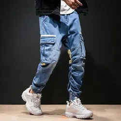 Для мужчин модный пэчворк Повседневное джинсовые брюки грузов уличной хип-хоп мужские джинсовые брюки