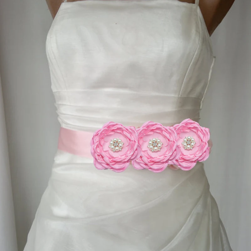 baby girl satin ribbon flower sash Belt Wedding bridesmaid Pearl