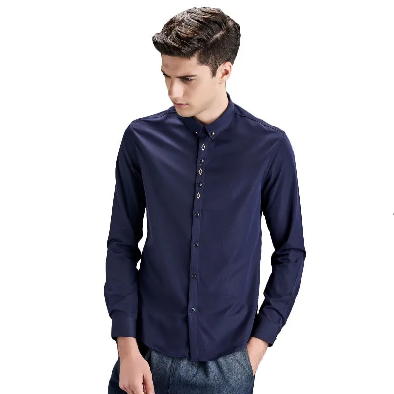 Классический британский стиль Для мужчин рубашки с длинным рукавом сплошной мужской рубашки декольте Вышивка Для мужчин Топы Camisa