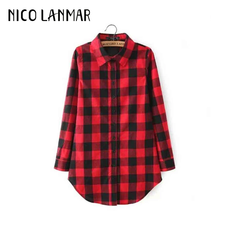 

Mid-length Shirt Women Fashion Casual Lapel Long Sleeve Red Black Plaid Shirt Blouses Comfortable Cotton Female Tops Blusas 263