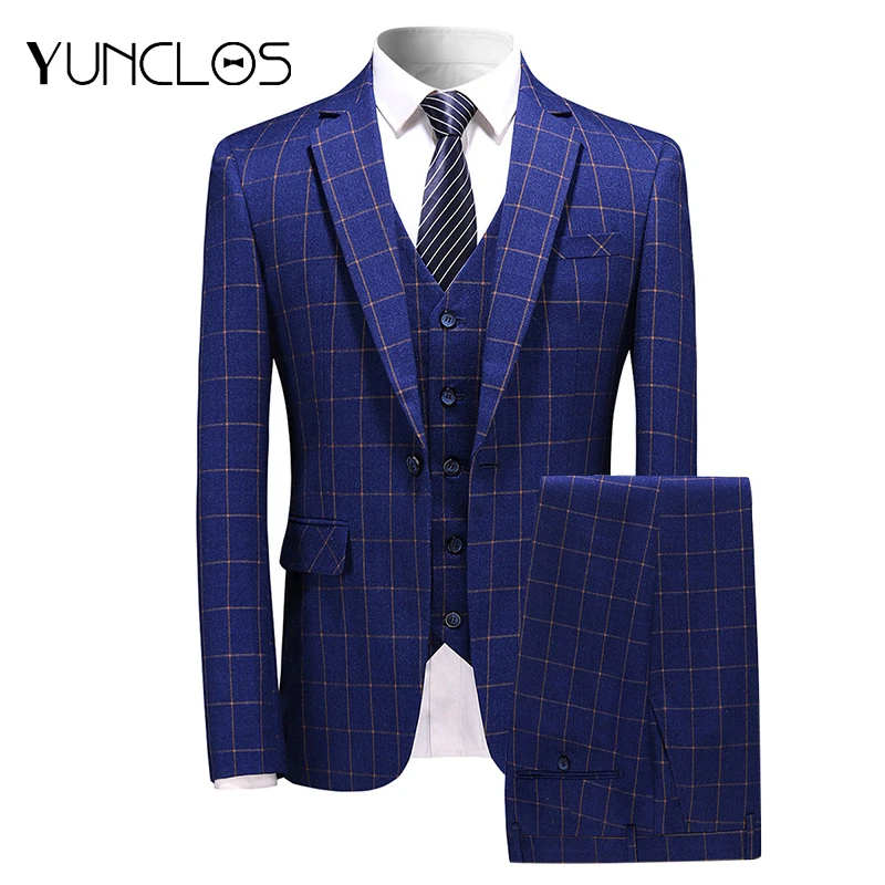 

YUNCLOS Plaid Print 3 Pieces Men Business Suits Formal Slim Fit Suits Tuxedos for Men Wedding Suits Party Dress Terno Masculino