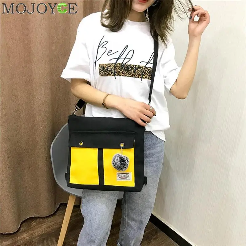 

Girls Hit Color Shoulder Handbags Women Pompon Decor Large Capacity Messenger Crossbody Bags Female Canvas Shopping Totes