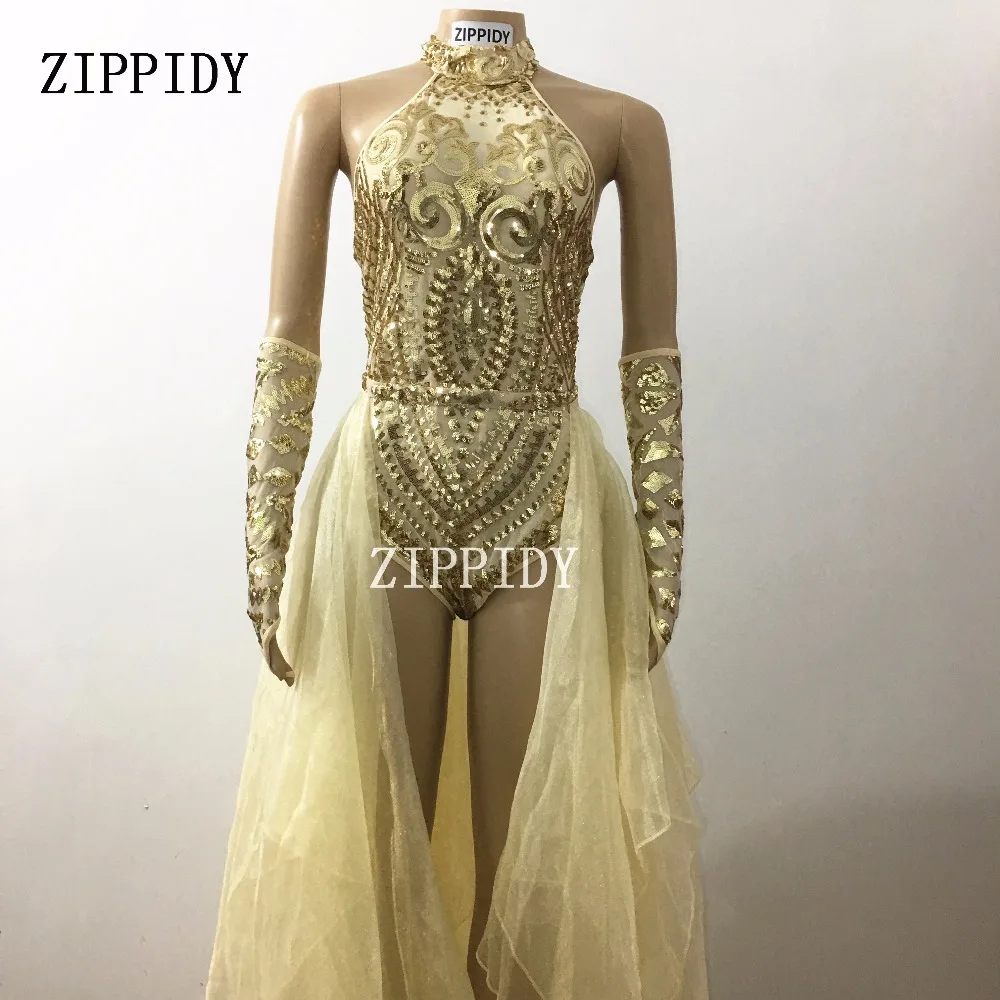 

Gold Sequins Bodysuit Female Singer Performance Outfit Party Celebrate Glisten Two Pieces Costume Stage Guaze Long Tail Wear