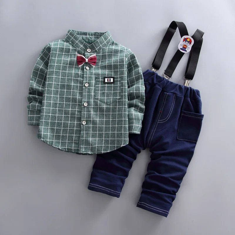 

BibiCola boys spring autumn clothing sets kids cotton casual gentleman shirt+Strap 2pcs trousers for boys children clothing