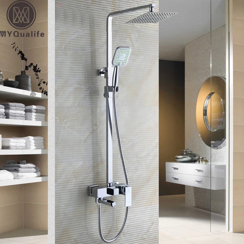 Chrome ванная комната набор для душа кран с 8 "ультратонкий Showerhead и Handshower поворотный ванной отрегулировать высоту
