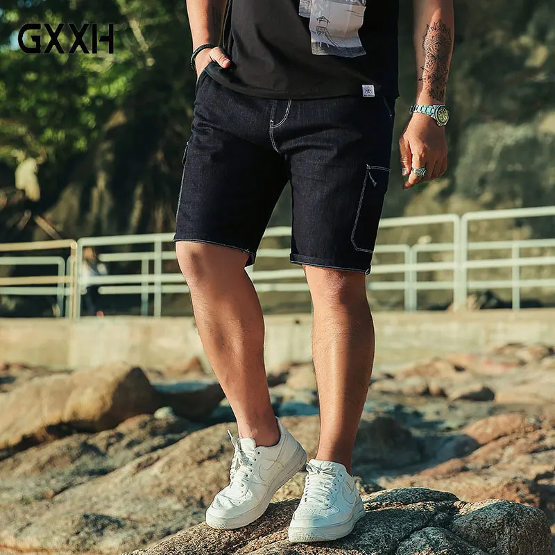 2019 tide Brand Large size Men's Multi-pocket Denim shorts Spring Summer Waist Elastic Leisure Black shorts Size XL-5XL 6XL