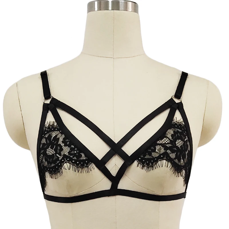 Sexy Black Lace Body Harness Set Pastel Goth Cage Bra Bondage Harness Woman G-string Lace Briefs Underwear Punk Rave Panties