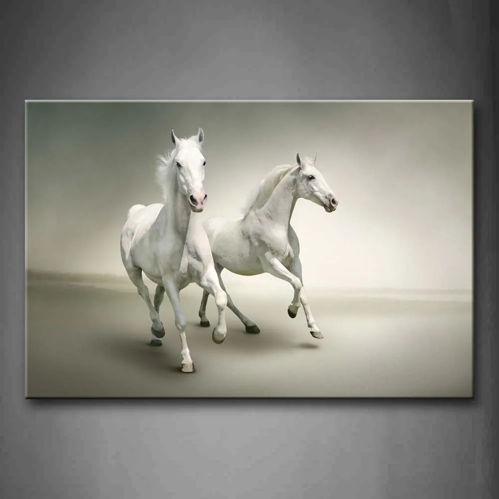 

Framed Wall Art Pictures White Horse Running Canvas Print Animal Posters With Wooden Frames For Home Living Room Decor