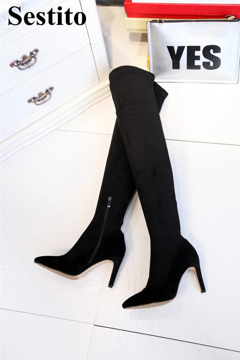 Spitz Hohe Picture As knie Schwarz Für Dünne Wildleder Europäischen Frauen Neueste Schuhe herbst Über Oberschenkel die Frühjahr Fersen Stiefel Zip Xq1tggWHwB