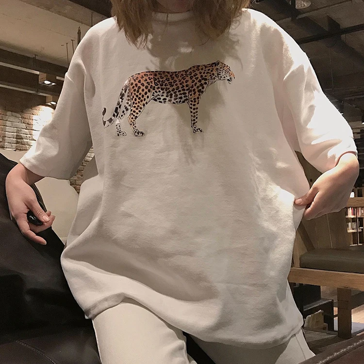 Летняя новая Женская Harajuku винтажная леопардовая футболка с коротким рукавом и круглым вырезом белая Уличная Повседневная футболка Топы Femme