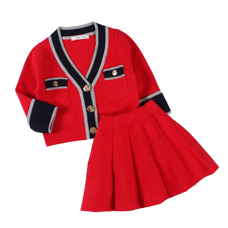 Осенний комплект одежды для девочек, зимний Серый кардиган с юбкой комплект из 2 предметов, Детская верхняя одежда милые комплекты одежды для маленьких девочек, комплект со свитером