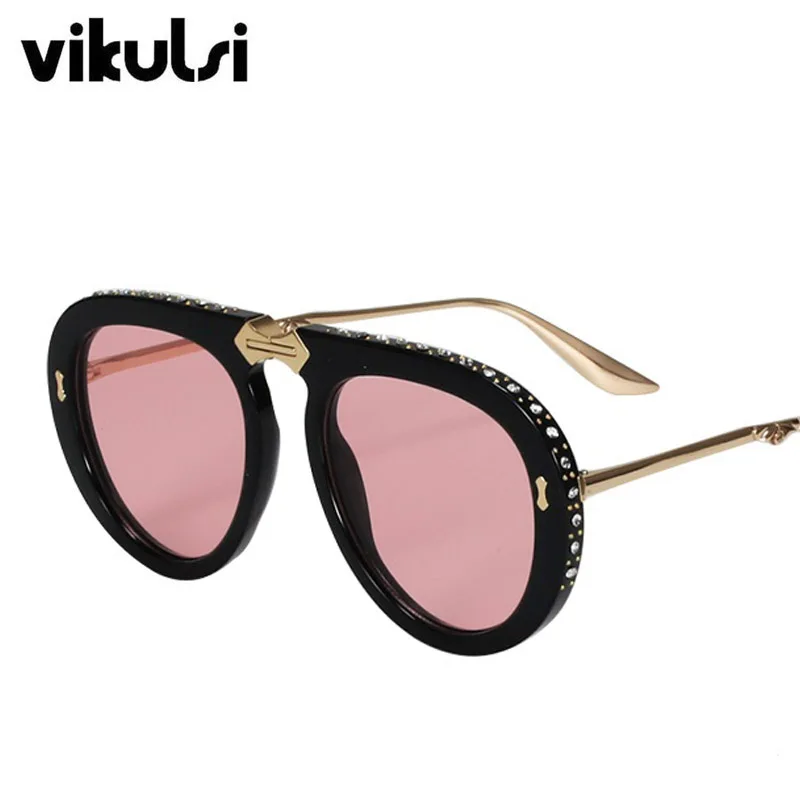 Высококачественные роскошные складные металлические алмазные солнцезащитные очки для женщин, итальянский бренд, дизайнерские авиационные солнцезащитные очки для женщин и мужчин, прозрачные очки - Цвет линз: E47 black pink